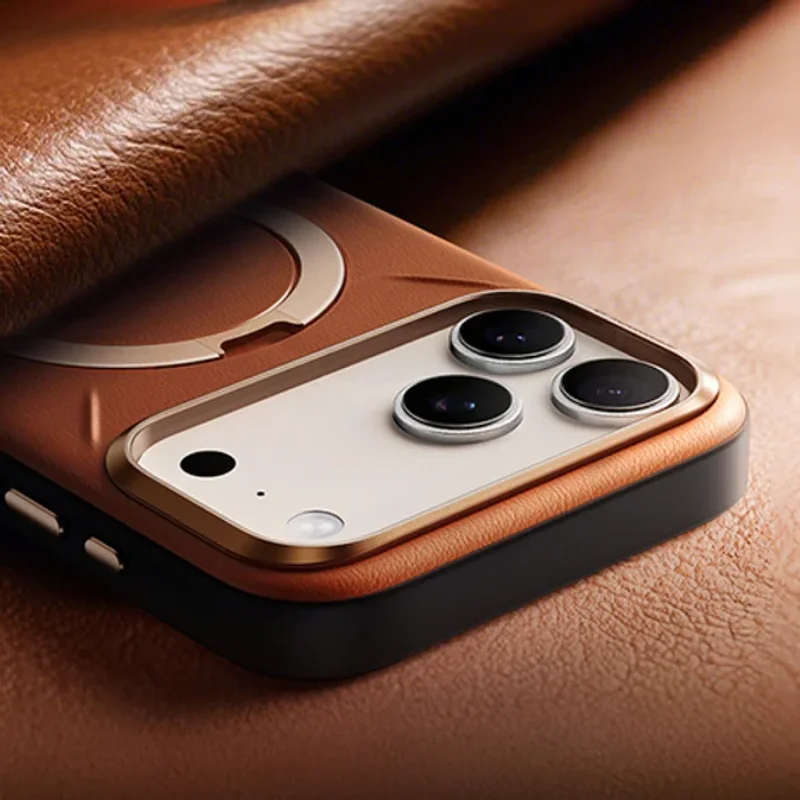 TORRAS -iPhone 17系列-Ostand Spin VegSkin Magnetic 相機按鍵旋轉支架皮革防摔手機殼  - 2