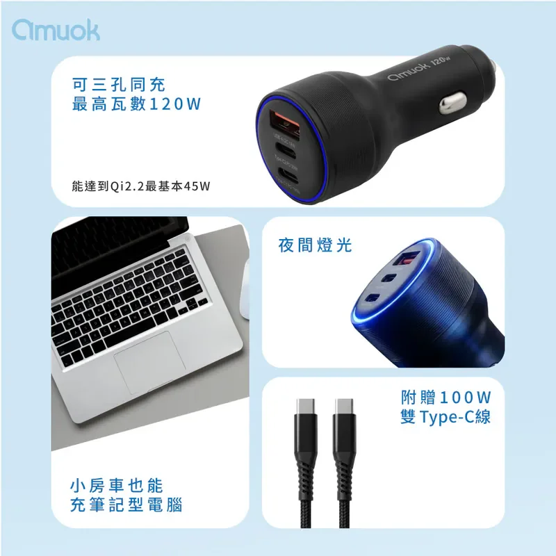 【amuok】All Power 120W 霸力瓦快充車充(TC+TC+USB) - 6