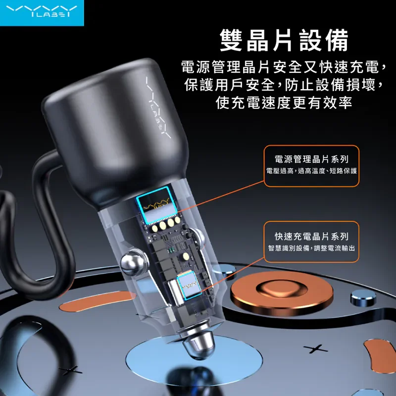 【Vyvylabs】66W閃充雙路彈簧快充車載充電器 USB+Type-C孔 商品特色
