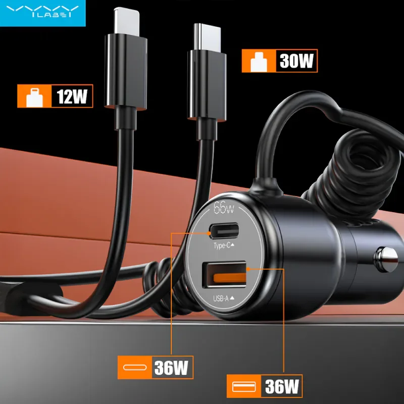 【Vyvylabs】66W閃充雙路彈簧快充車載充電器 USB+Type-C孔 商品特色