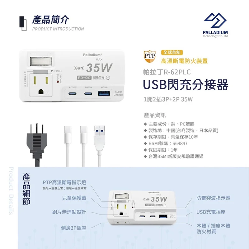 安全達人 PD+QC 35W轉接器 1開2插3+2P高溫斷電氮化鎵(壁插） 商品特色