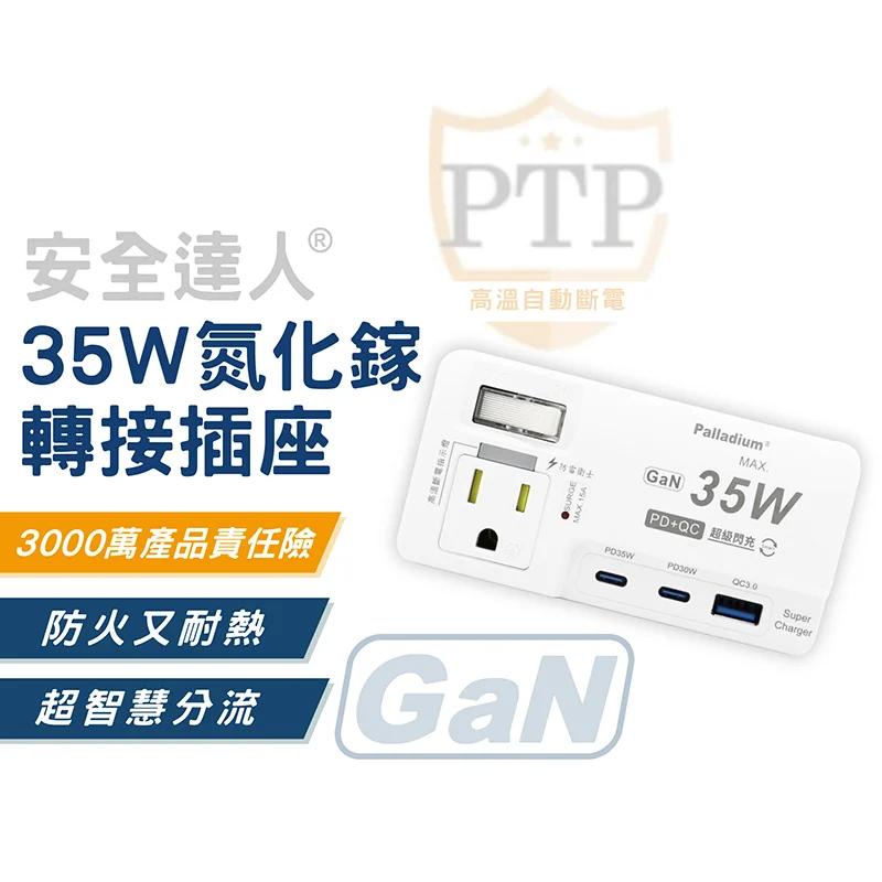 安全達人 PD+QC 35W轉接器 1開2插3+2P高溫斷電氮化鎵(壁插） 商品特色