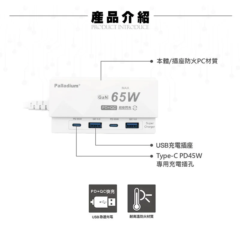 Palladium 65W氮化鎵USB閃充延長線 - 4