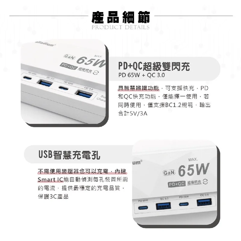 Palladium 65W氮化鎵USB閃充延長線 - 8